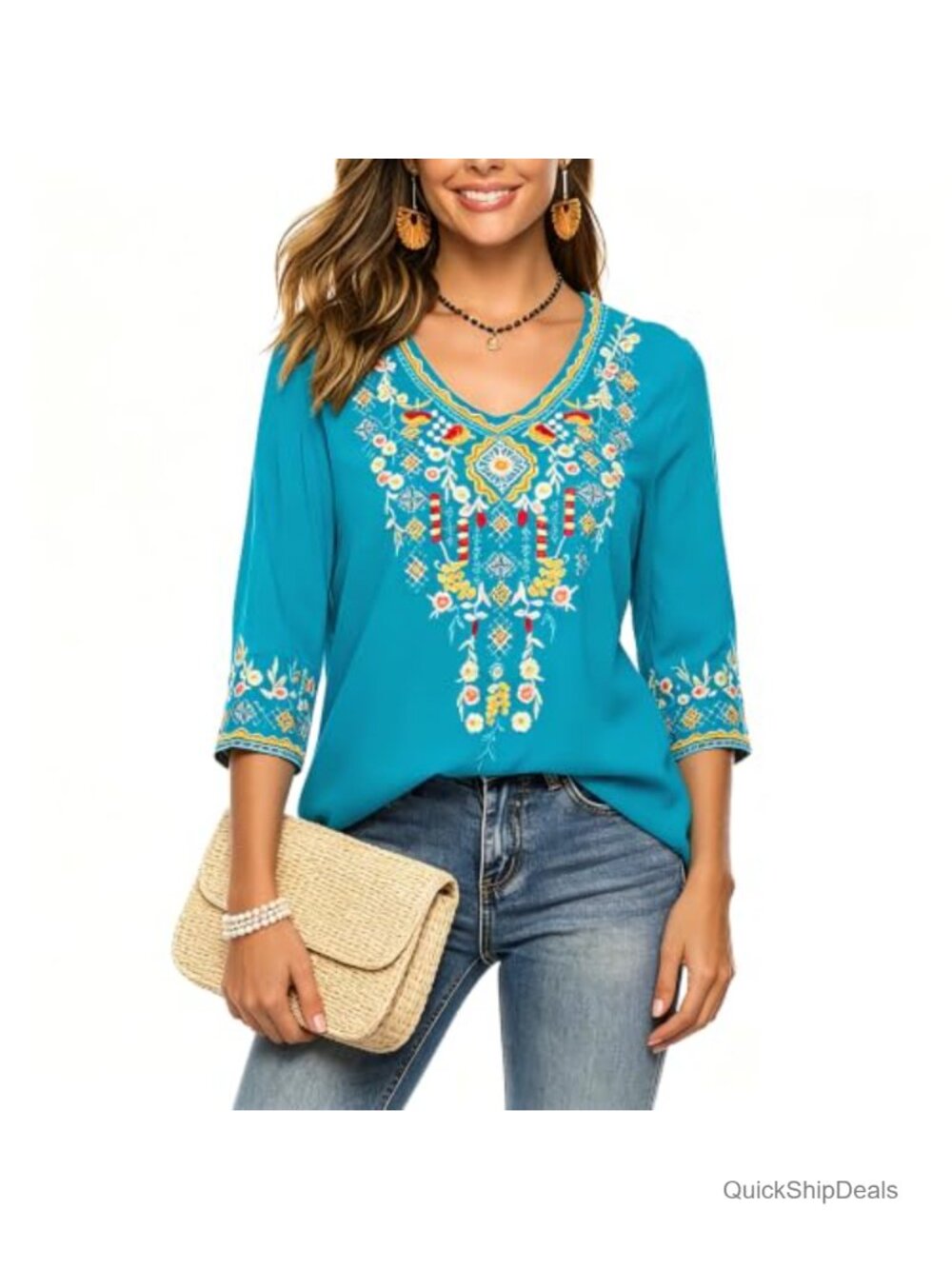 Womens Embroidered Top 3/4 Sleeve Mexican Peasant Tunic Blouse